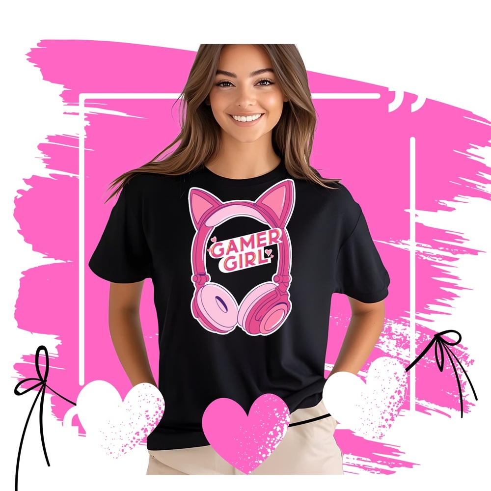 Up to 5x Black tee crewneck tshirt pink Gamer headphones shirt